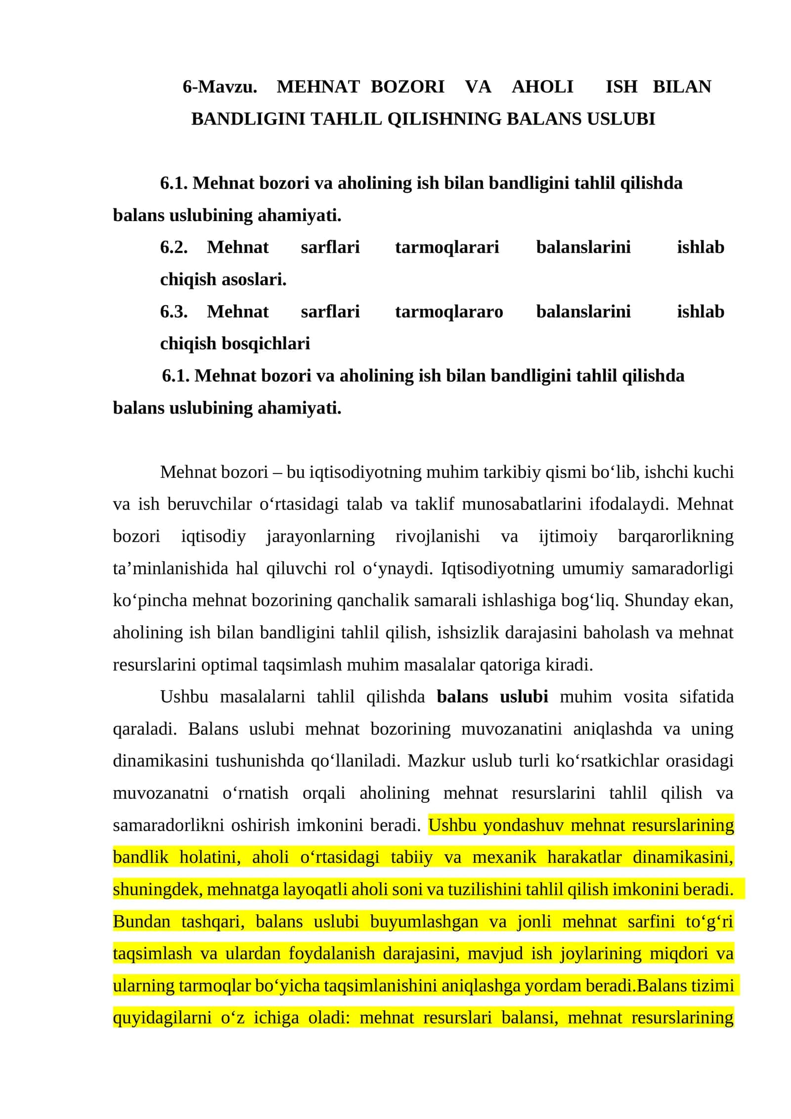 Mehnat Bozori va Aholi Ish Bilan Bandligini Tahlil Qilishning Balans Uslubi 1