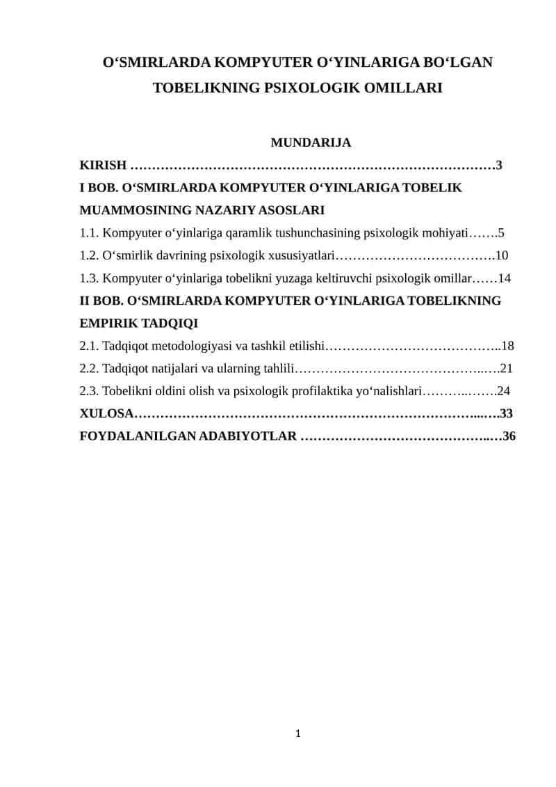 OʻSMIRLARDA KOMPYUTER OʻYINLARIGA BOʻLGAN TOBELIKNING PSIXOLOGIK OMILLARI 1