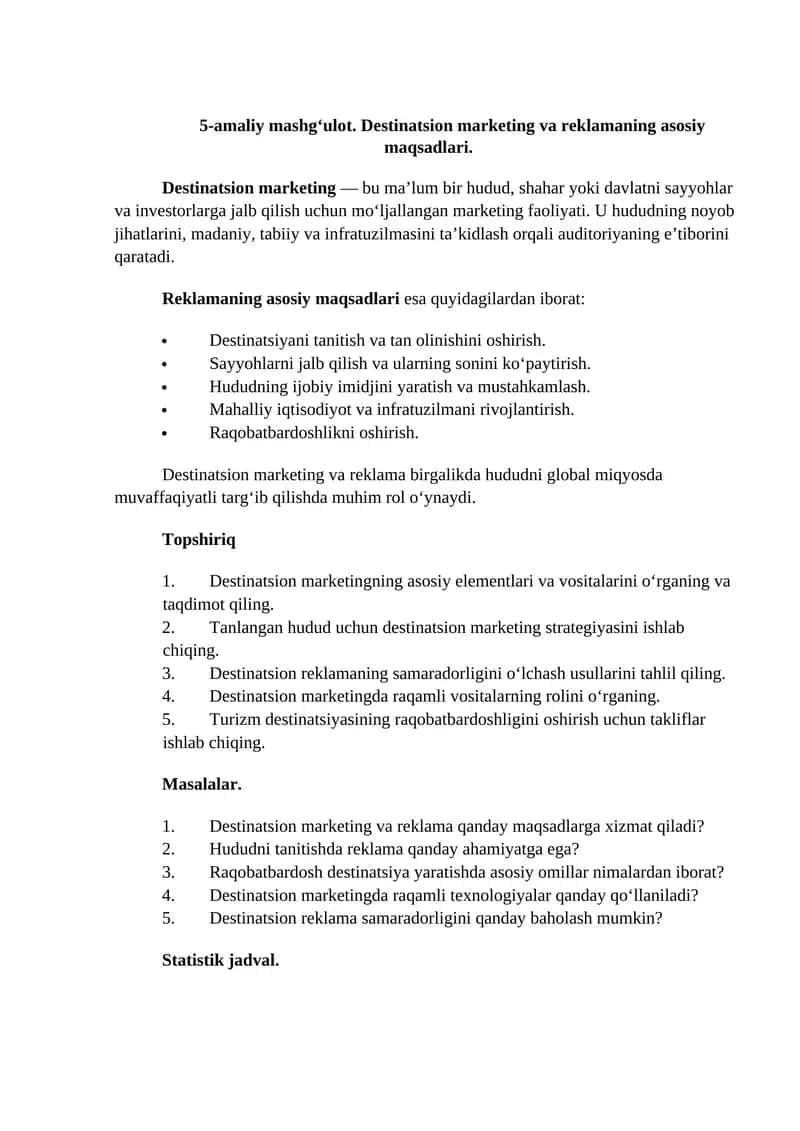 Destinatsion marketing va reklamaning asosiy maqsadlari 1