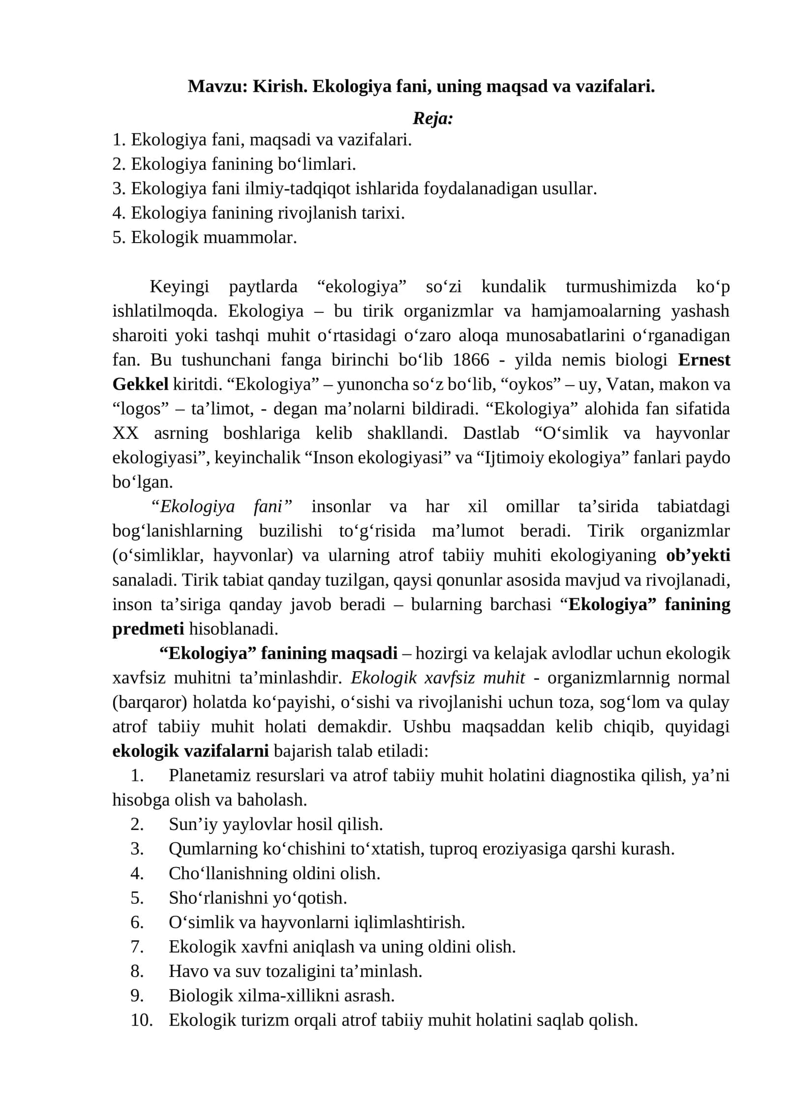 Ekologiya fani, maqsadi va vazifalari 1