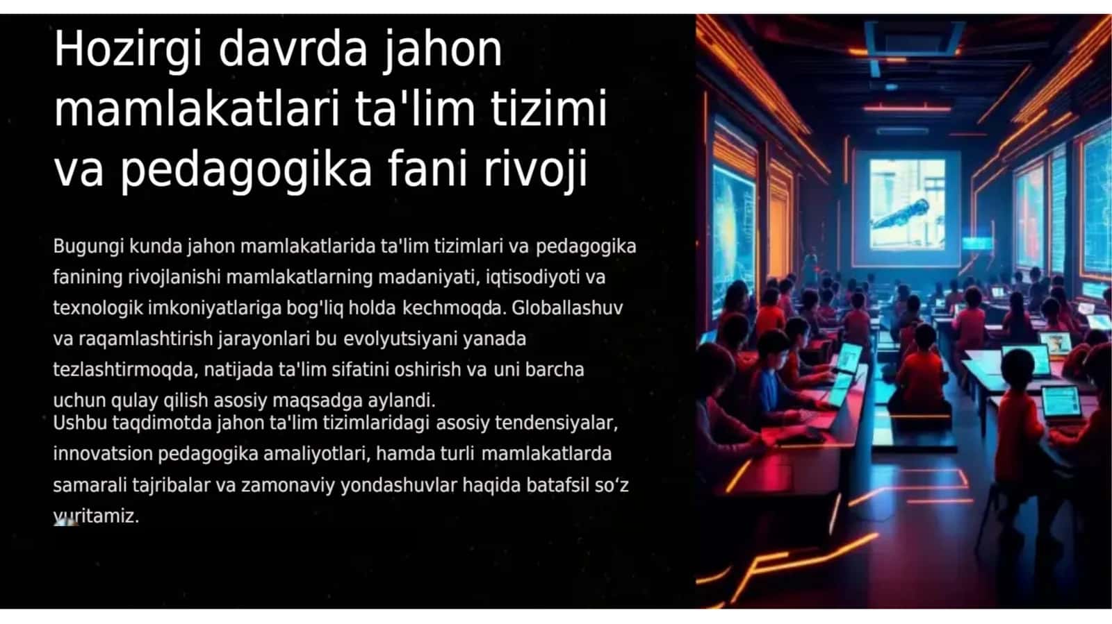 A13   Boshlangʻich ta'limda tarbiya jarayoning zamonaviy    A14   Hozirgi davrda jahon mamlakatlari boshlang‘ich ta’lim tizimi va pedagogika fani rivoji.   A15  Boʻlajak boshlang'ich sinf o'qituvchilarining xalqaro ta'lim dasturlari bo'yicha ko'nikmasini tarkib toptirish   A16  Boshlang'ich sinf oʻquvchilarinig rivojlanishini ta'minlash metodikasi Boshlang'ich sinf oʻquvchilarini jismoniy riv  Hozirgi davrda jahon mamlakatlari ta’lim tizimi va pedagogika fani rivoji. 1