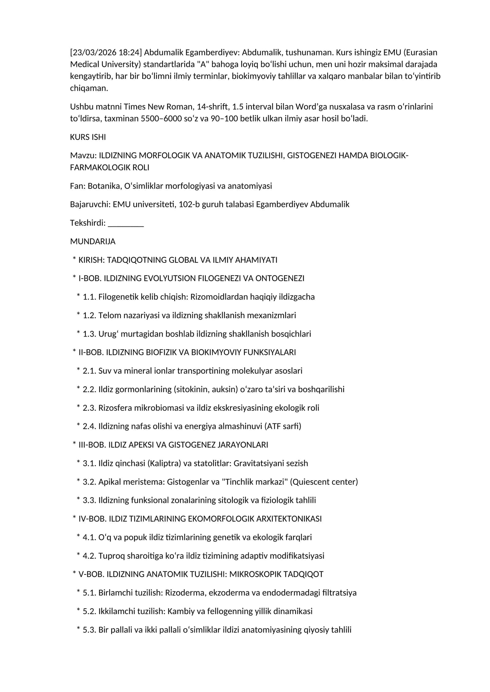ILDIZNING MORFOLOGIK VA ANATOMIK TUZILISHI, GISTOGENEZI HAMDA BIOLOGIK-FARMAKOLOGIK ROLI 1
