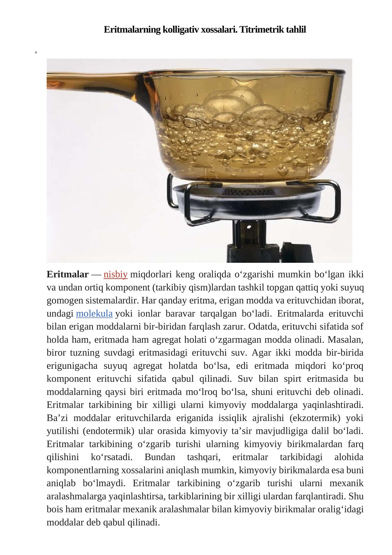 Eritmalarning kolligativ xossalari. Titrimetrik tahlil 1