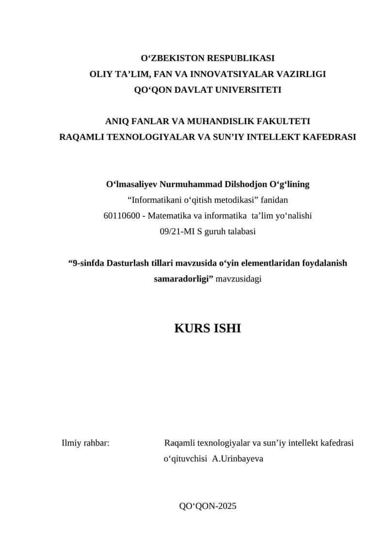 9-sinfda Dasturlash tillari mavzusida o‘yin elementlaridan foydalanish samaradorligi 1