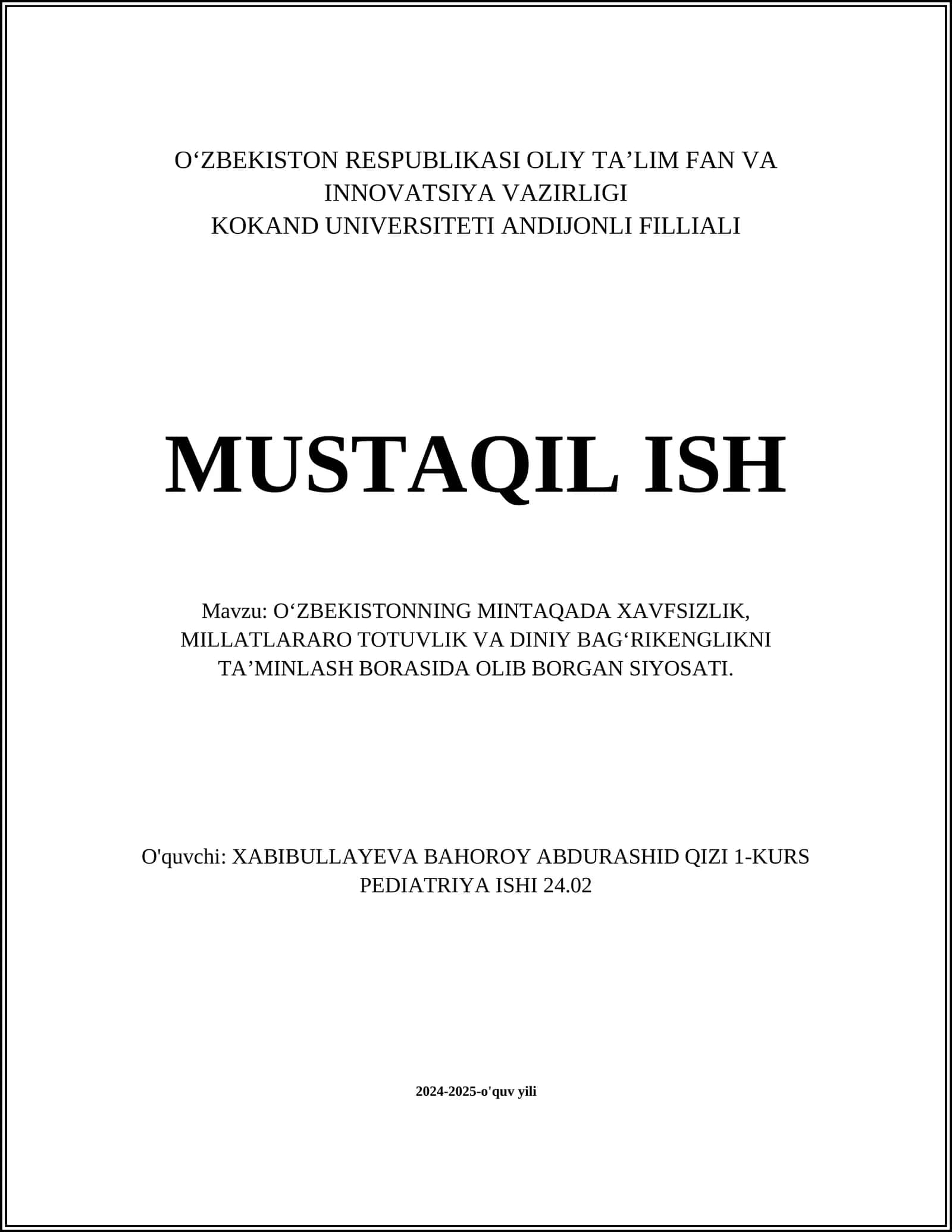 OʻZBEKISTONNING MINTAQADA XAVFSIZLIK, MILLATLARARO TOTUVLIK VA DINIY BAGʻRIKENGLIKNI TAʼMINLASH BORASIDA OLIB BORGAN SIYOSATI 1