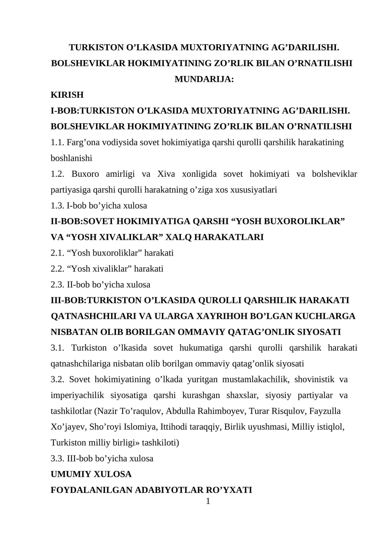 TURKISTON O’LKASIDA MUXTORIYATNING AG’DARILISHI. BOLSHEVIKLAR HOKIMIYATINING ZO’RLIK BILAN O’RNATILISHI 1