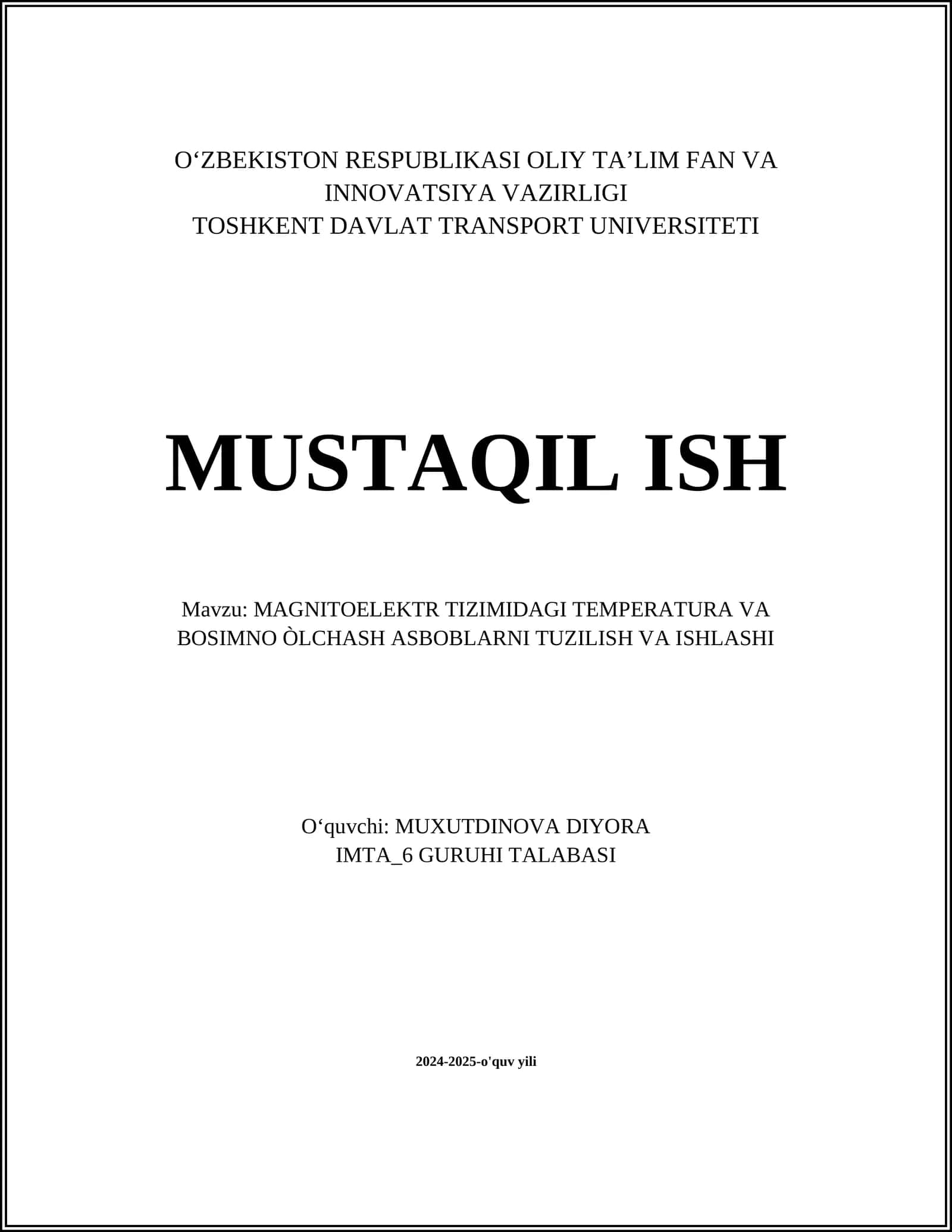 MAGNITOELEKTR TIZIMIDAGI TEMPERATURA VA BOSIMNO ÒLCHASH ASBOBLARNI TUZILISH VA ISHLASHI 1