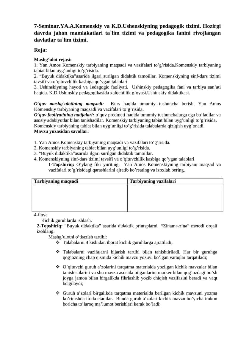 Yan Amos Komenskiy va K.D.Ushenskiyning pedagogik tizimi 1