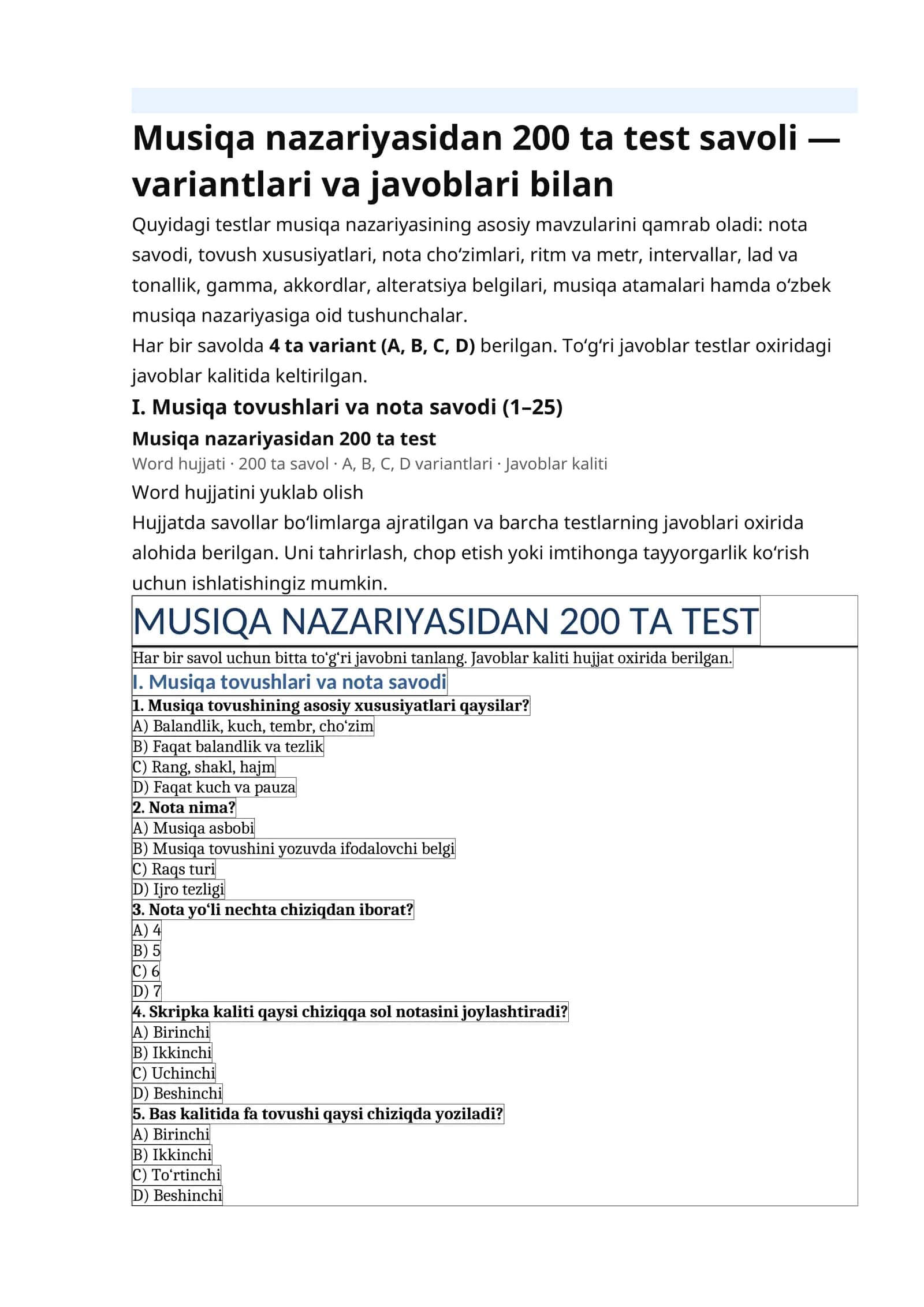 Musiqa nazariyasidan 200 ta test savoli — variantlari va javoblari bilan 1
