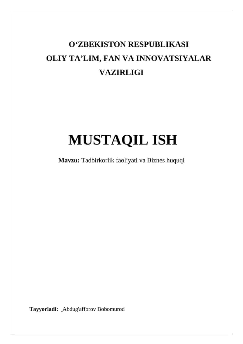 Tadbirkorlik faoliyati va Biznes huquqi 1
