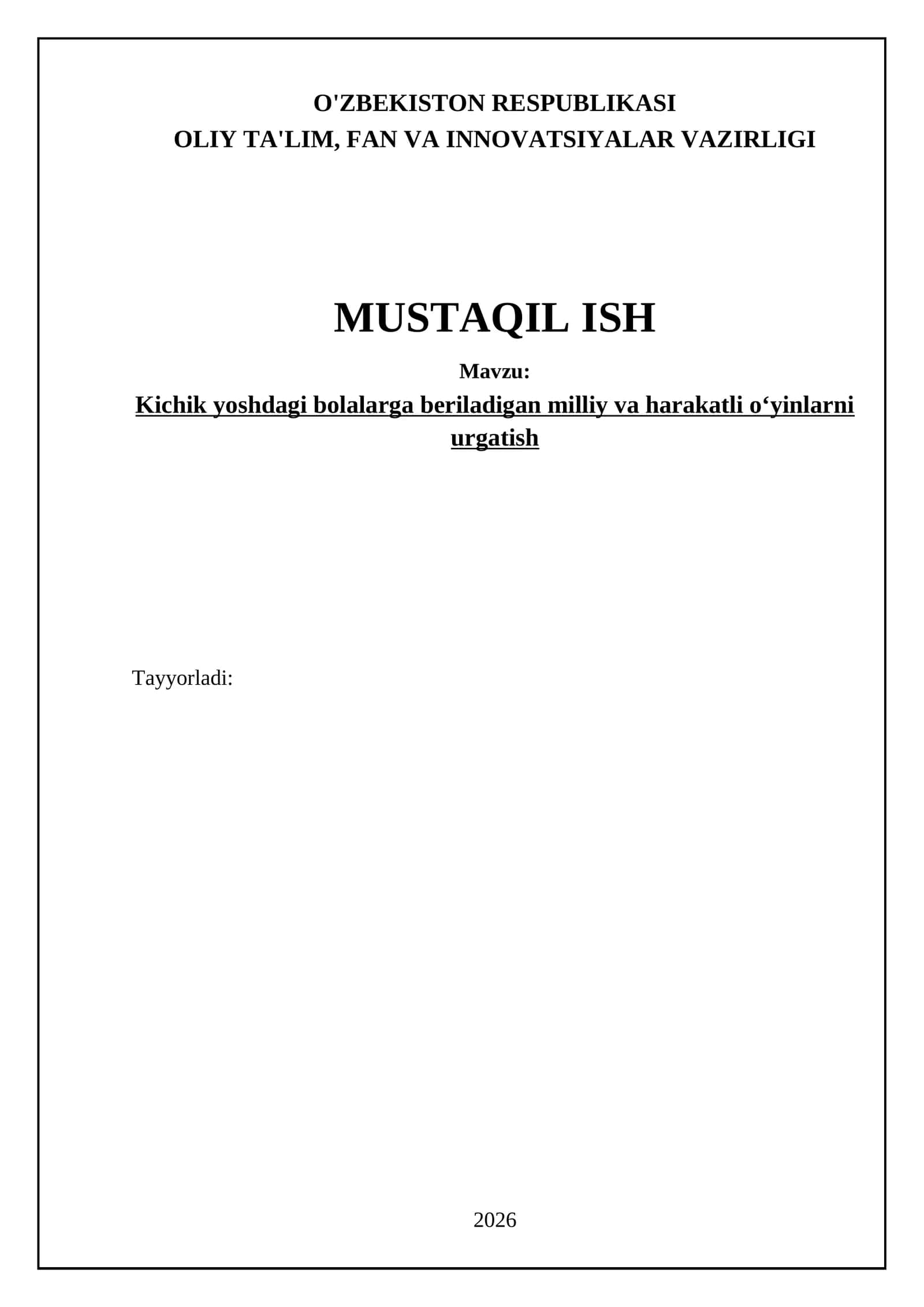 Kichik yoshdagi bolalarga beriladigan milliy va harakatli oʻyinlarni urgatish 1