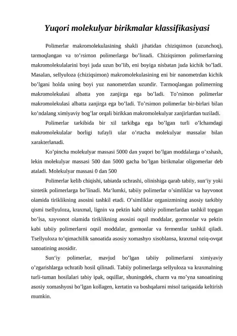 Yuqori molekulyar birikmalar klassifikasiyasi