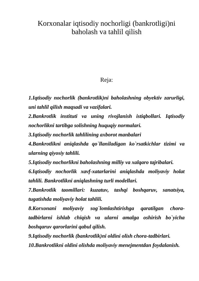 Iqtisodiy nochorlik (bankrotlik)ni baholash va tahlil qilish 1