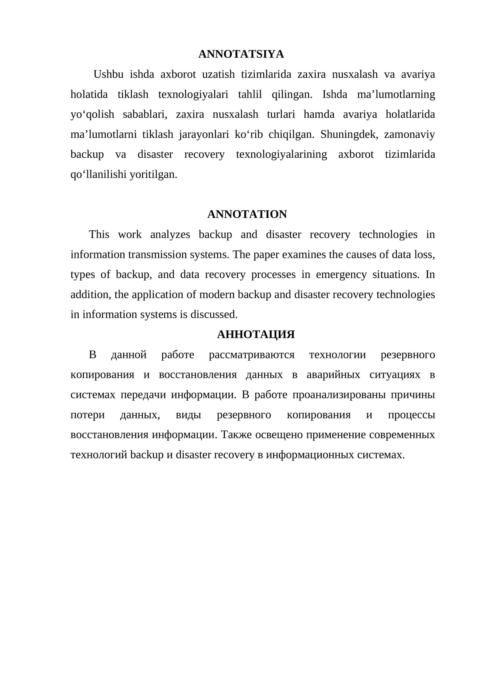 BACKUP VA DISASTER RECOVERY TEXNOLOGIYALARI 1