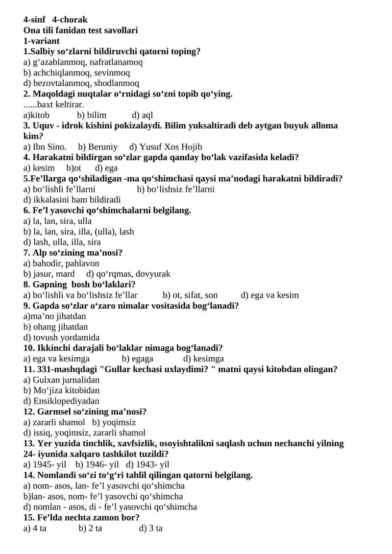 4-sinf 4-chorak Ona tili fanidan test savollari 1