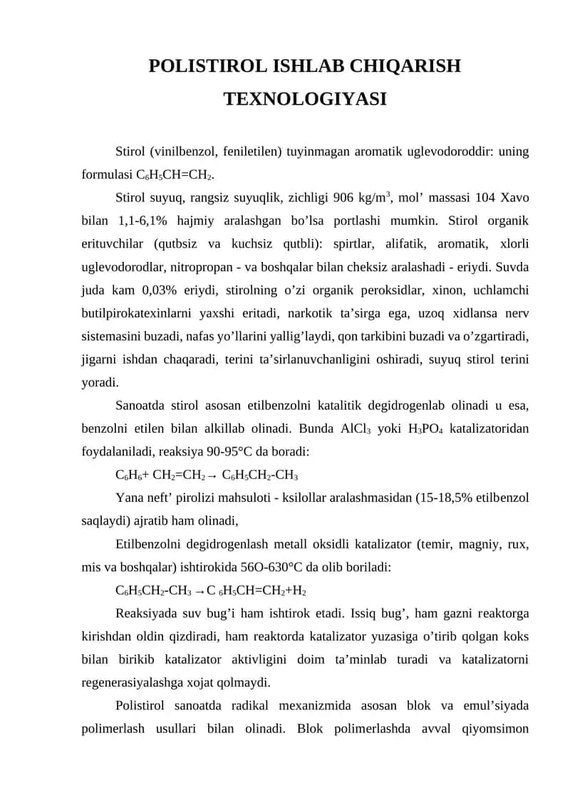 POLISTIROL ISHLAB CHIQARISH TЕХNOLOGIYASI 1