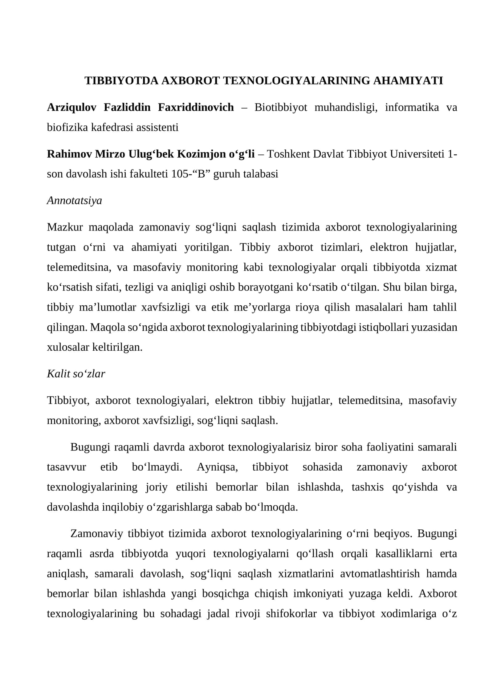 TIBBIYOTDA AXBOROT TEXNOLOGIYALARINING AHAMIYATI 1