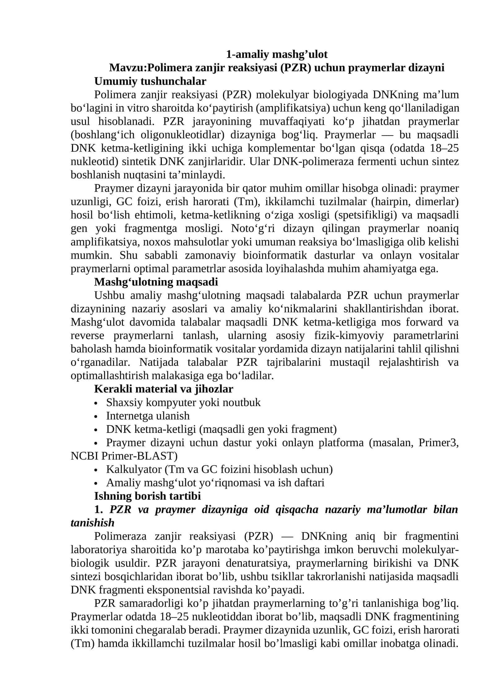Polimera zanjir reaksiyasi (PZR) uchun praymerlar dizayni 1