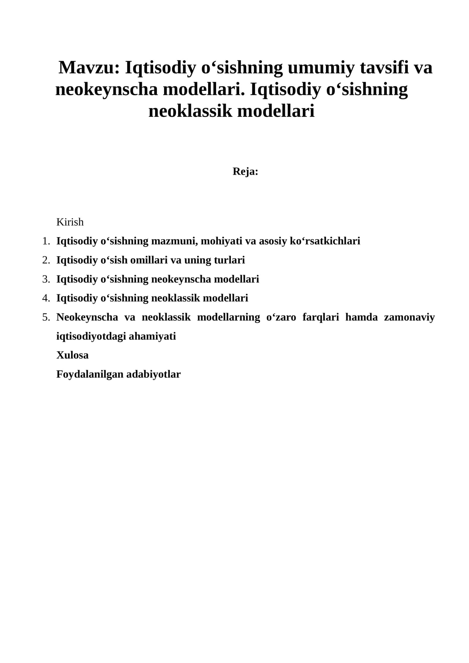 Iqtisodiy o‘sishning umumiy tavsifi va neokeynscha modellari 1
