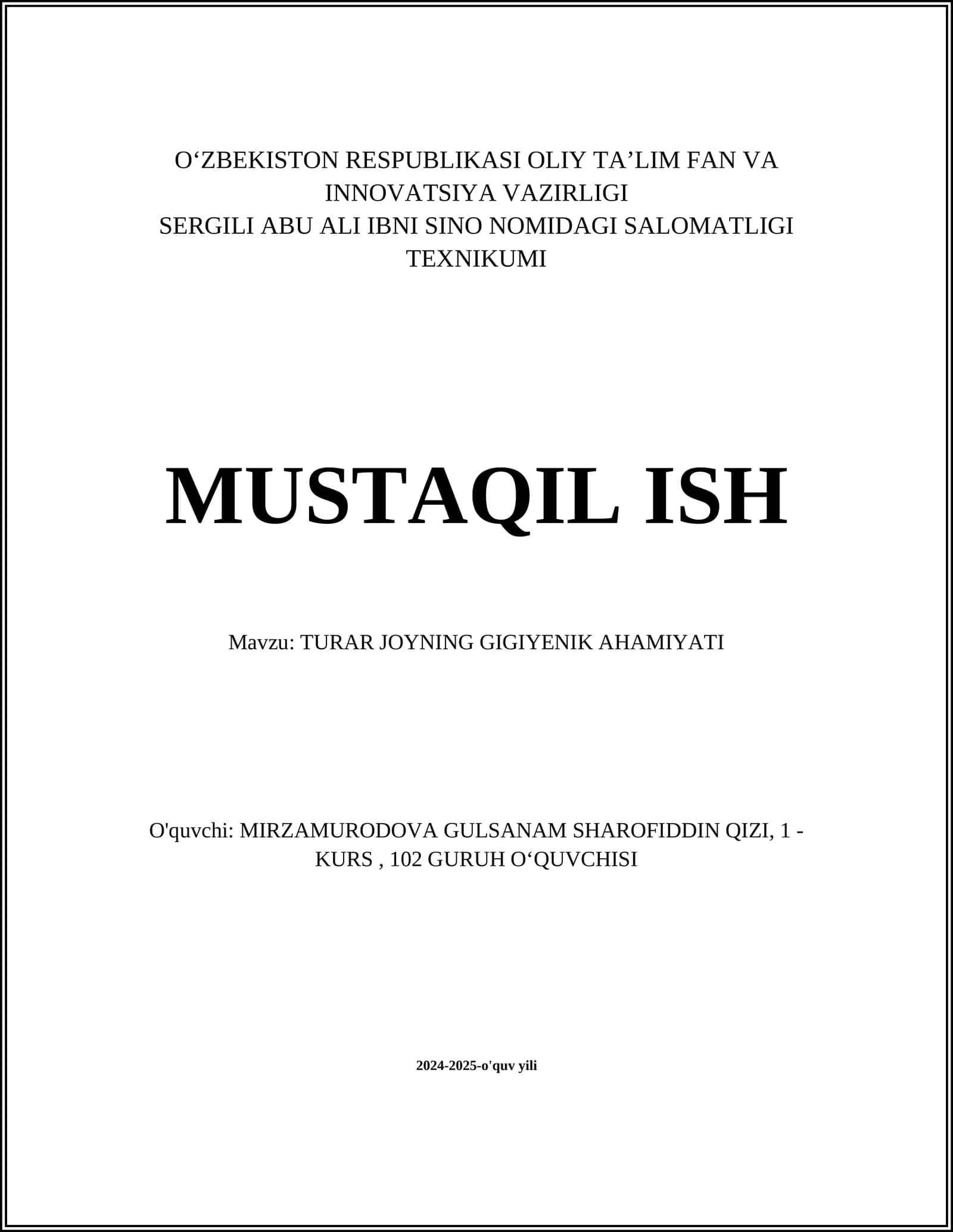 TURAR JOYNING GIGIYENIK AHAMIYATI 1