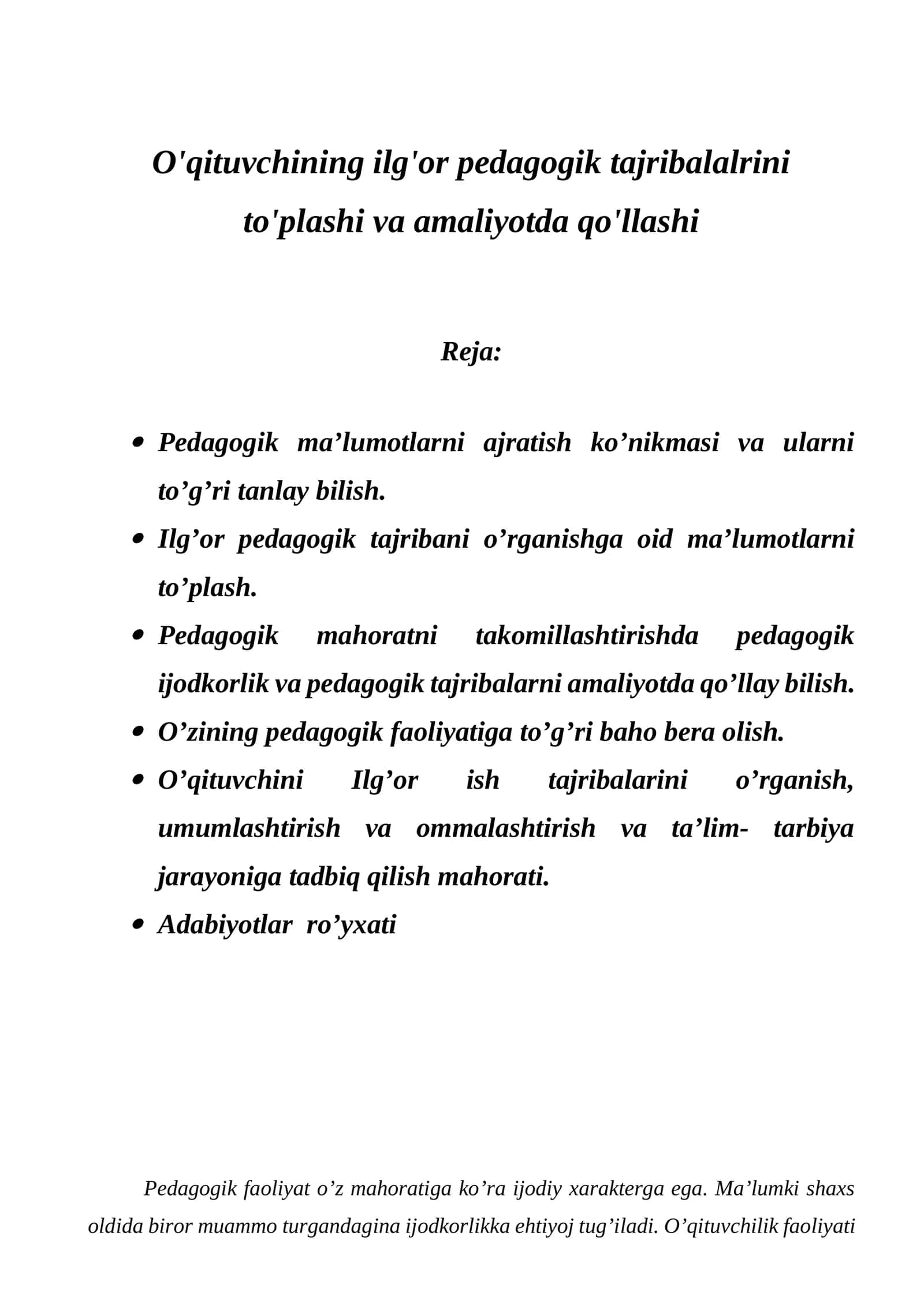 O'qituvchining ilg'or pedagogik tajribalarini to'plashi va amaliyotda qo'llashi 1