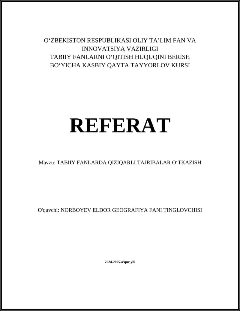 TABIIY FANLARNI OʻQITISH HUQUQINI BERISH BOʻYICHA KASBIY QAYTA TAYYORLOV KURSI 1