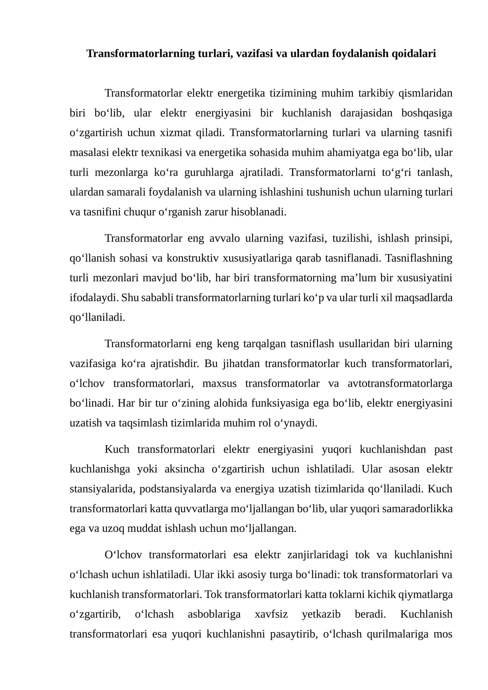 Transformatorlarning turlari, vazifasi va ulardan foydalanish qoidalari 1