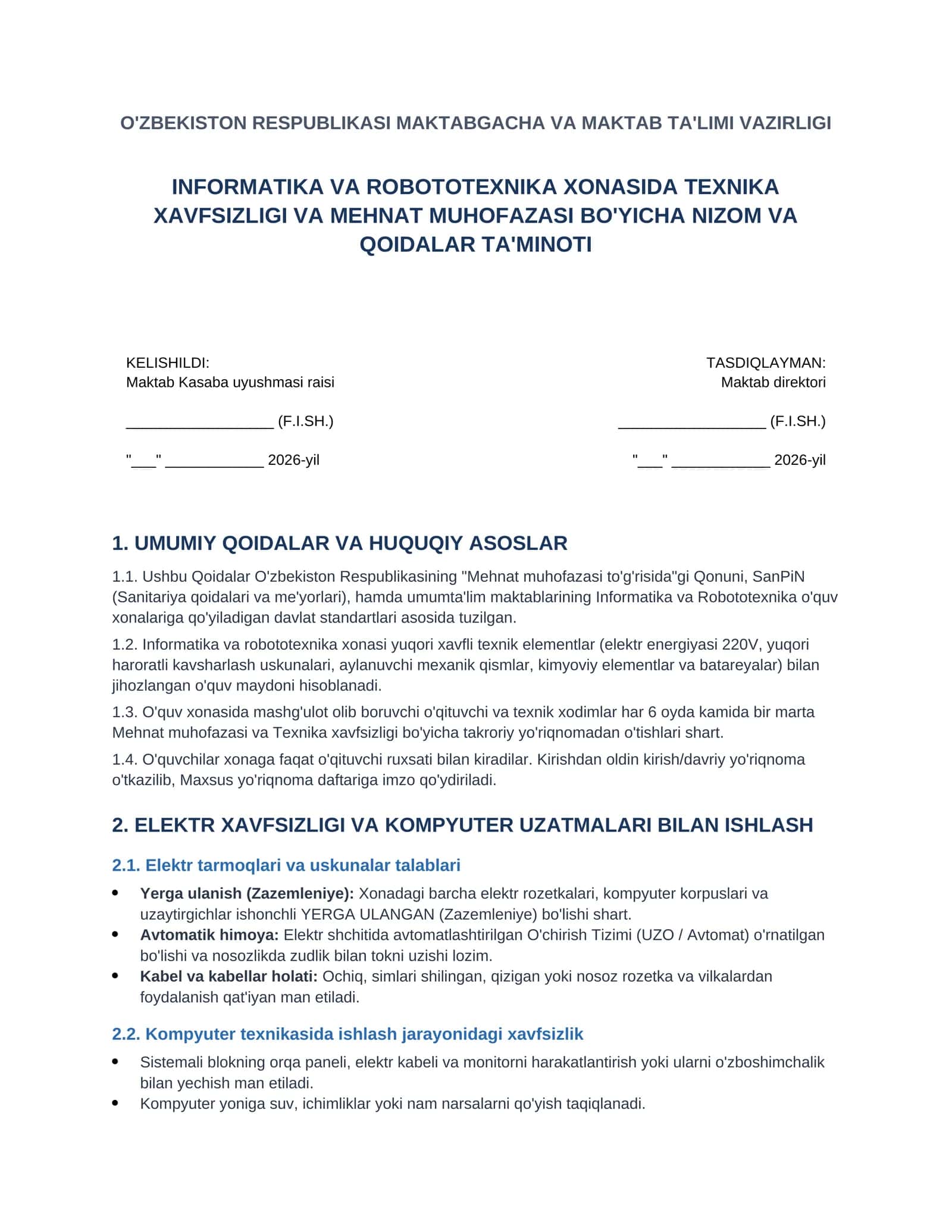 Texnika xavfsizligi qoidalari (Informatika, robototexnika va fizika laboratoriya xonalari uchun) 1