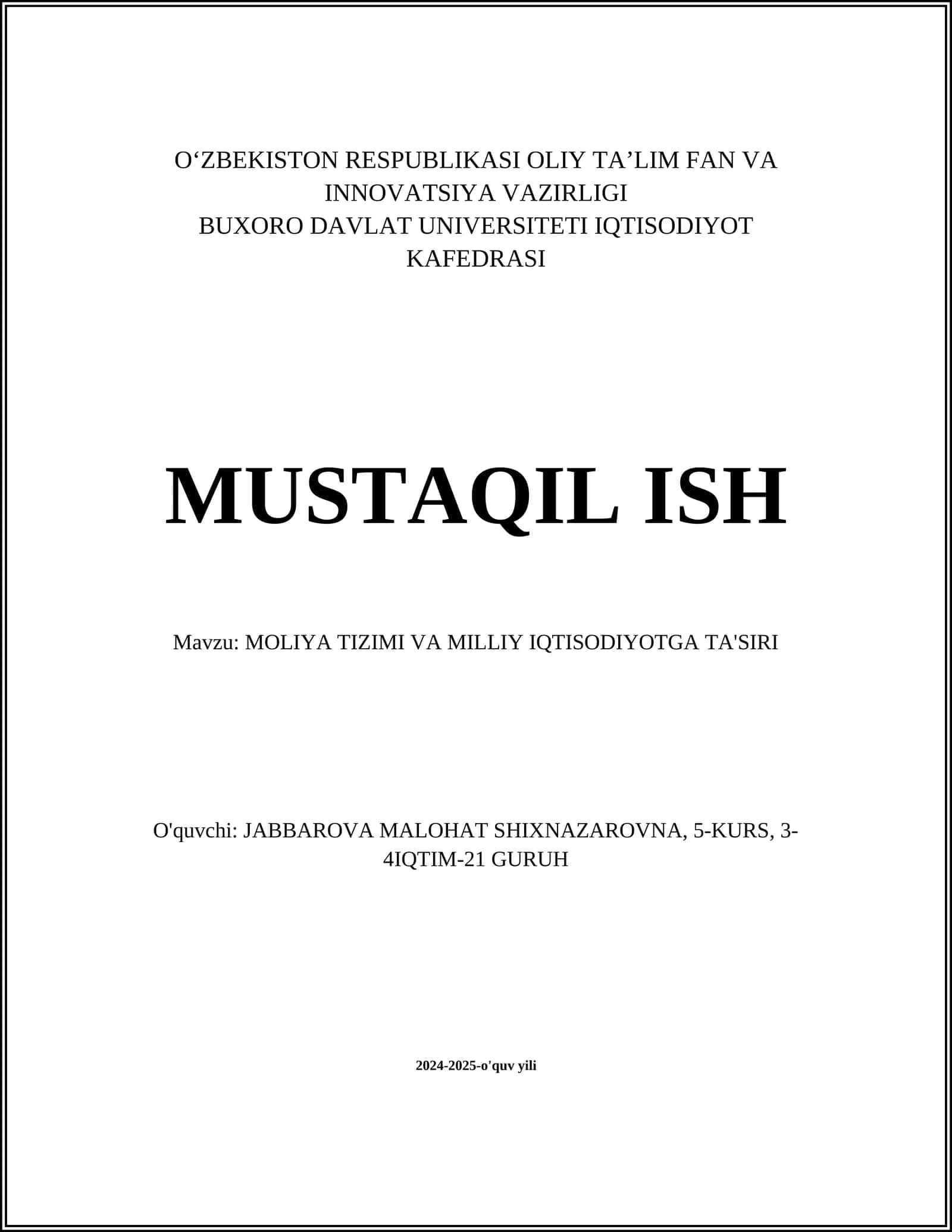 Moliya tizimi va milliy iqtisodiyotga ta'siri 1