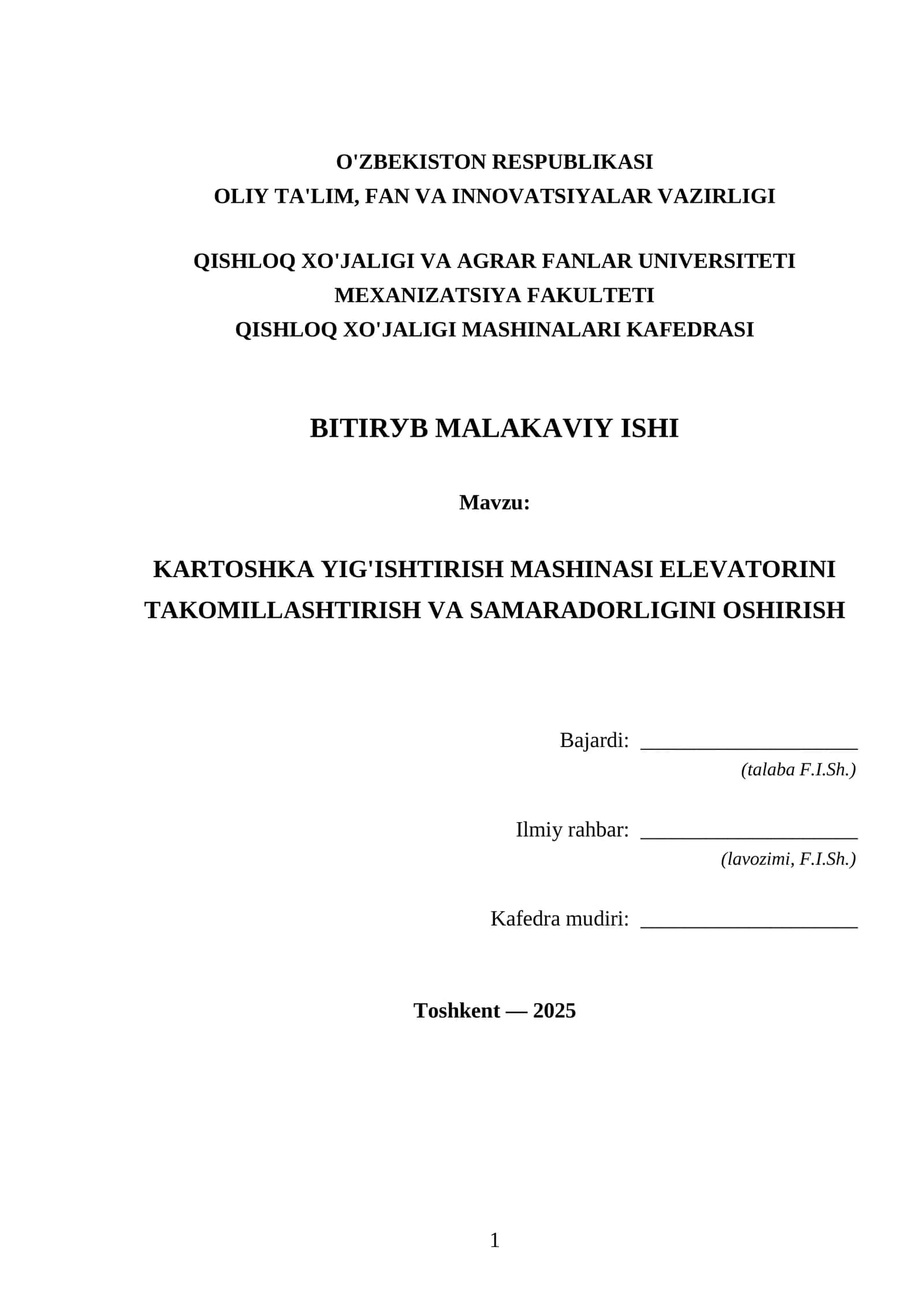 KARTOSHKA YIG'ISHTIRISH MASHINASI ELEVATORINI
TAKOMILLASHTIRISH VA SAMARADORLIGINI OSHIRISH 1