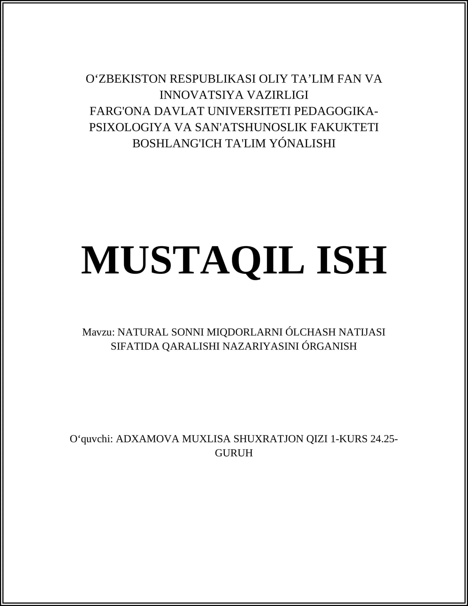 NATURAL SONNI MIQDORLARNI ÓLCHASH NATIJASI SIFATIDA QARALISHI NAZARIYASINI ÓRGANISH 1