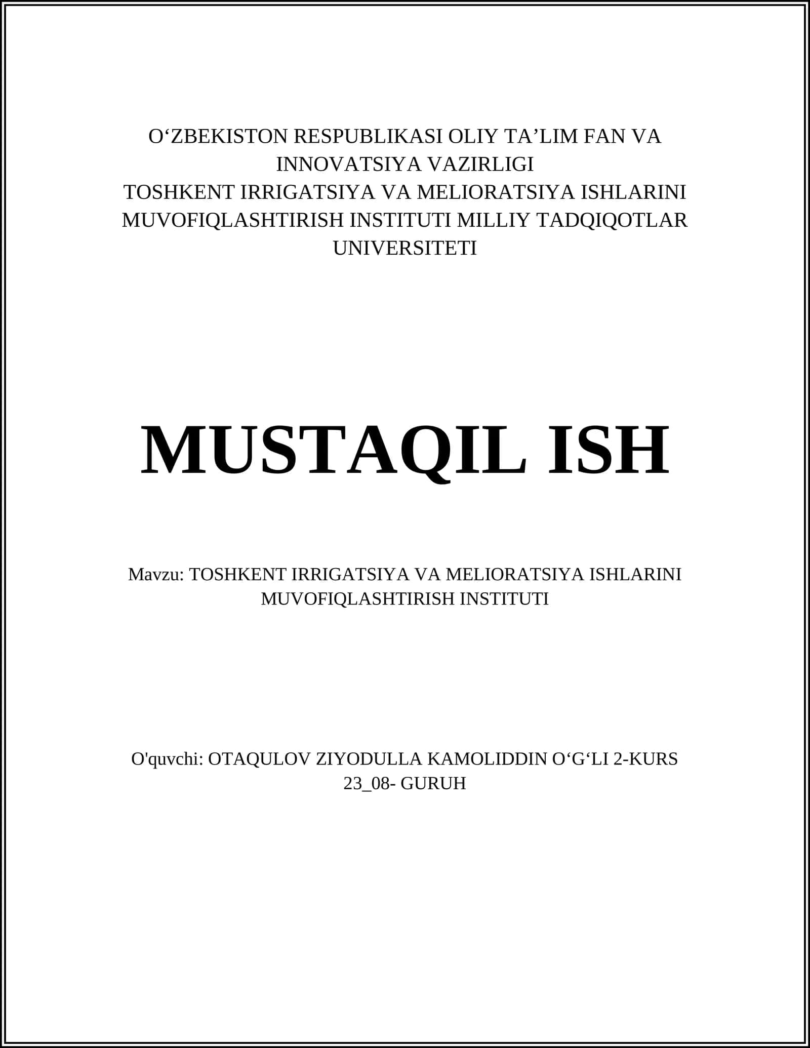 TOSHKENT IRRIGATSIYA VA MELIORATSIYA ISHLARINI MUVOFIQLASHTIRISH INSTITUTI 1
