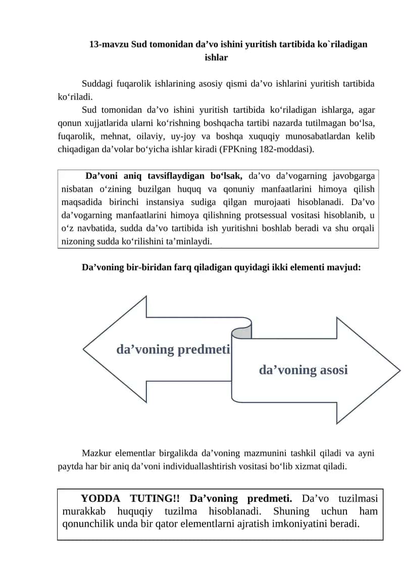 Sud tomonidan da’vo ishini yuritish tartibida ko`riladigan ishlar 1