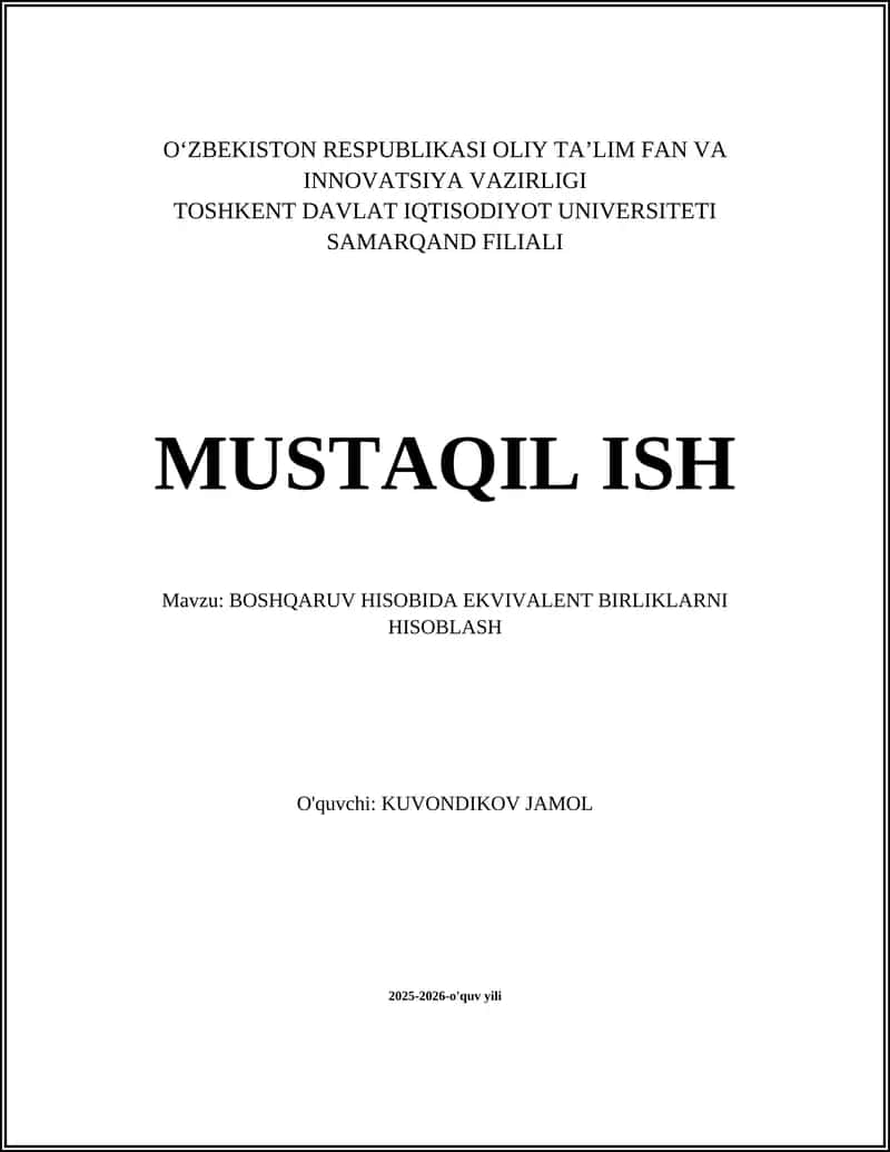 BOSHQARUV HISOBIDA EKVIVALENT BIRLIKLARNI HISOBLASH 1