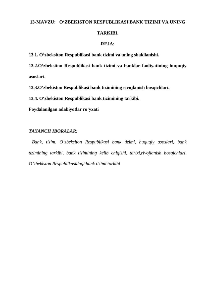 OʻZBEKISTON RESPUBLIKASI BANK TIZIMI VA UNING TARKIBI 1