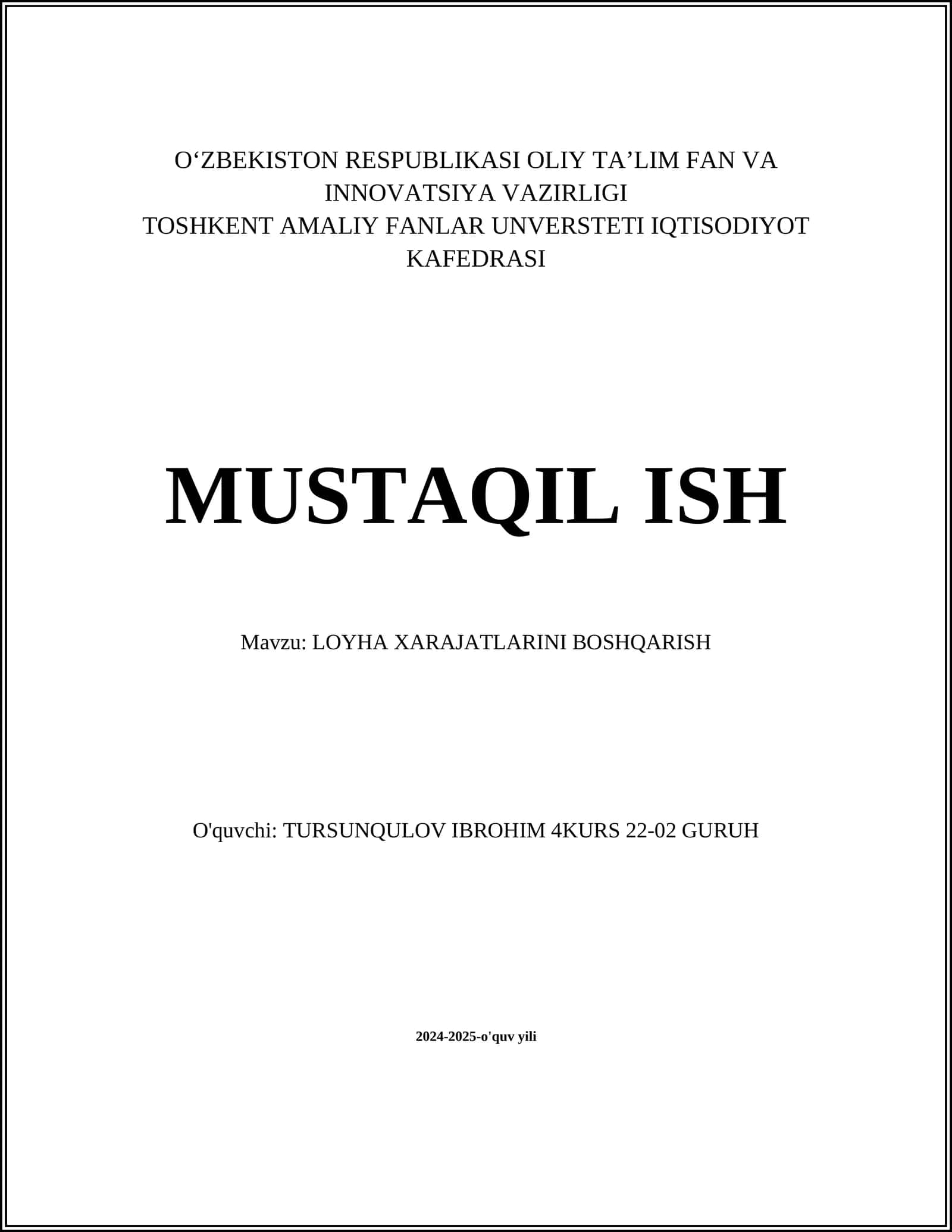 LOYHA XARAJATLARINI BOSHQARISH 1