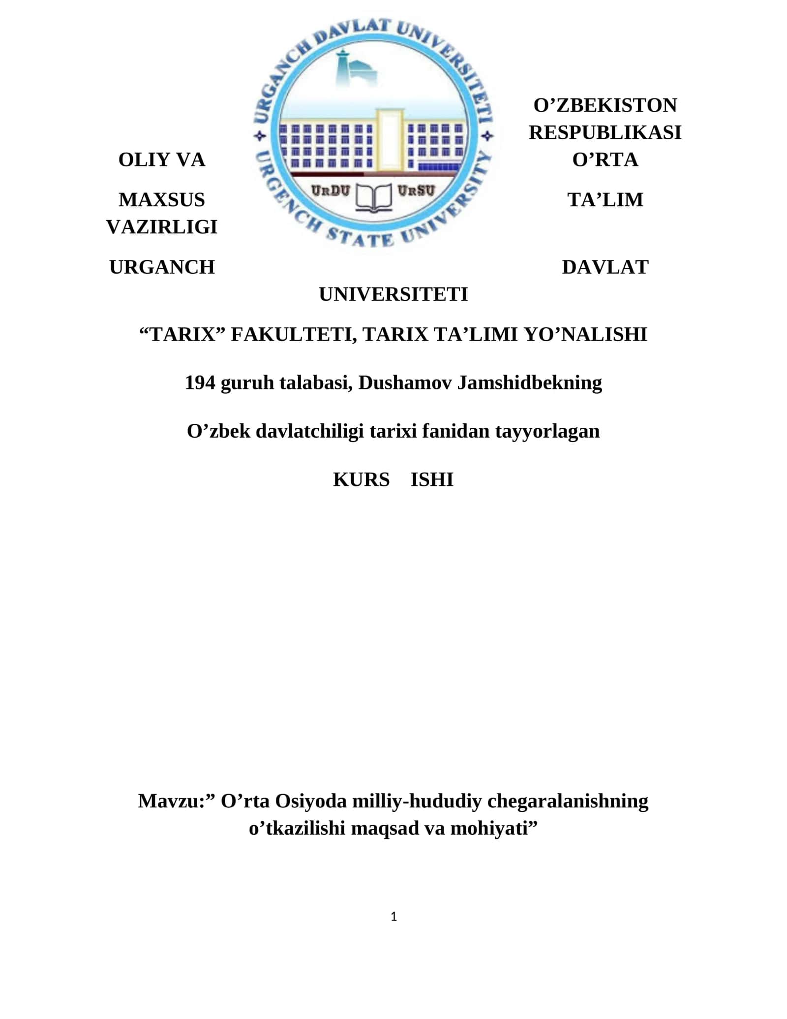 O’rta Osiyoda milliy-hududiy chegaralanishning o’tkazilishi maqsad va mohiyati 1