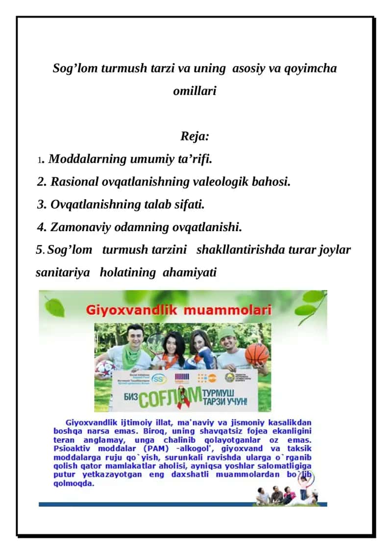 Sog’lom turmush tarzi va uning asosiy va qoyimcha omillari 1