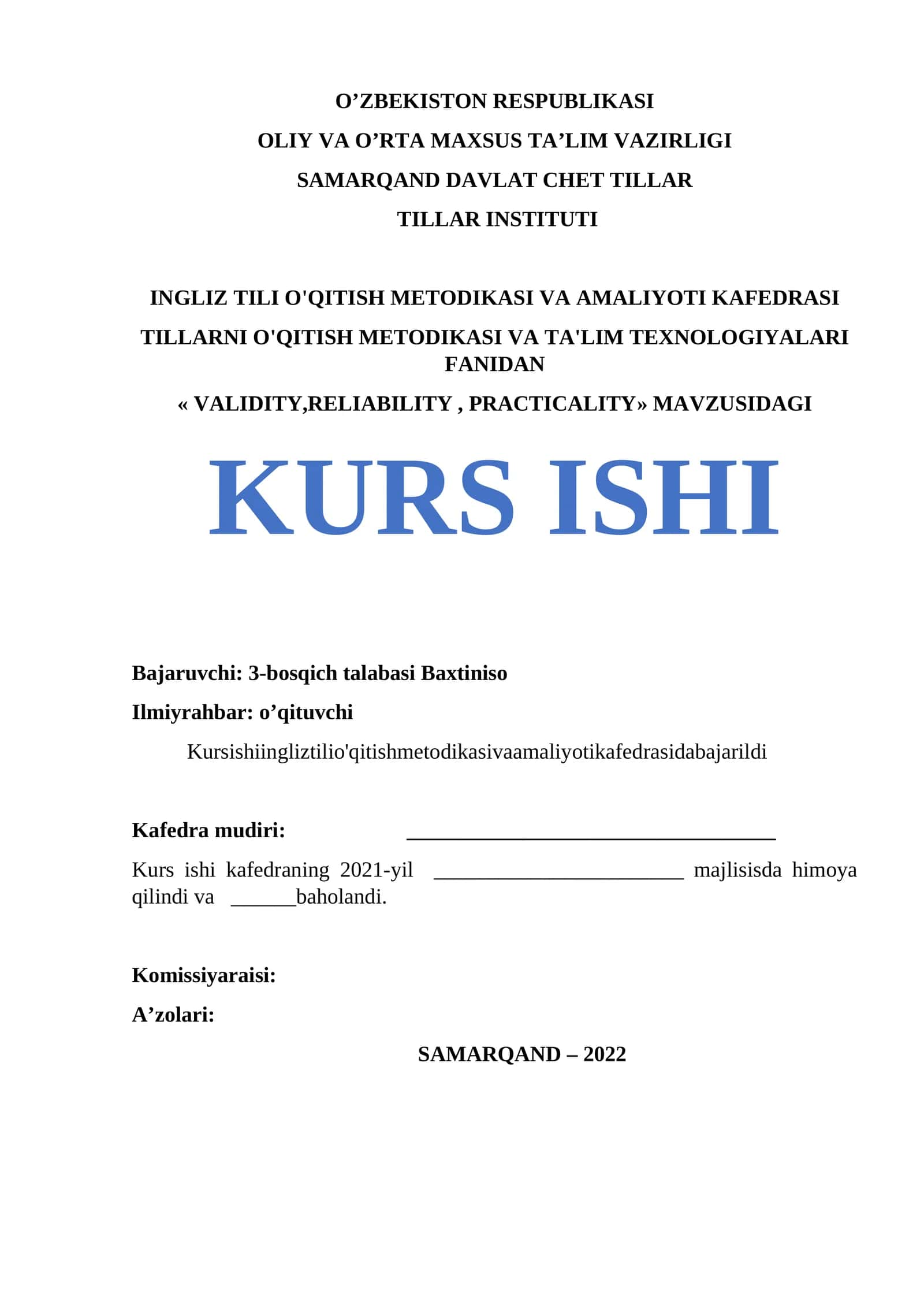 Kurs ishi "VALIDITY,RELIABILITY, PRACTICALITY" 1