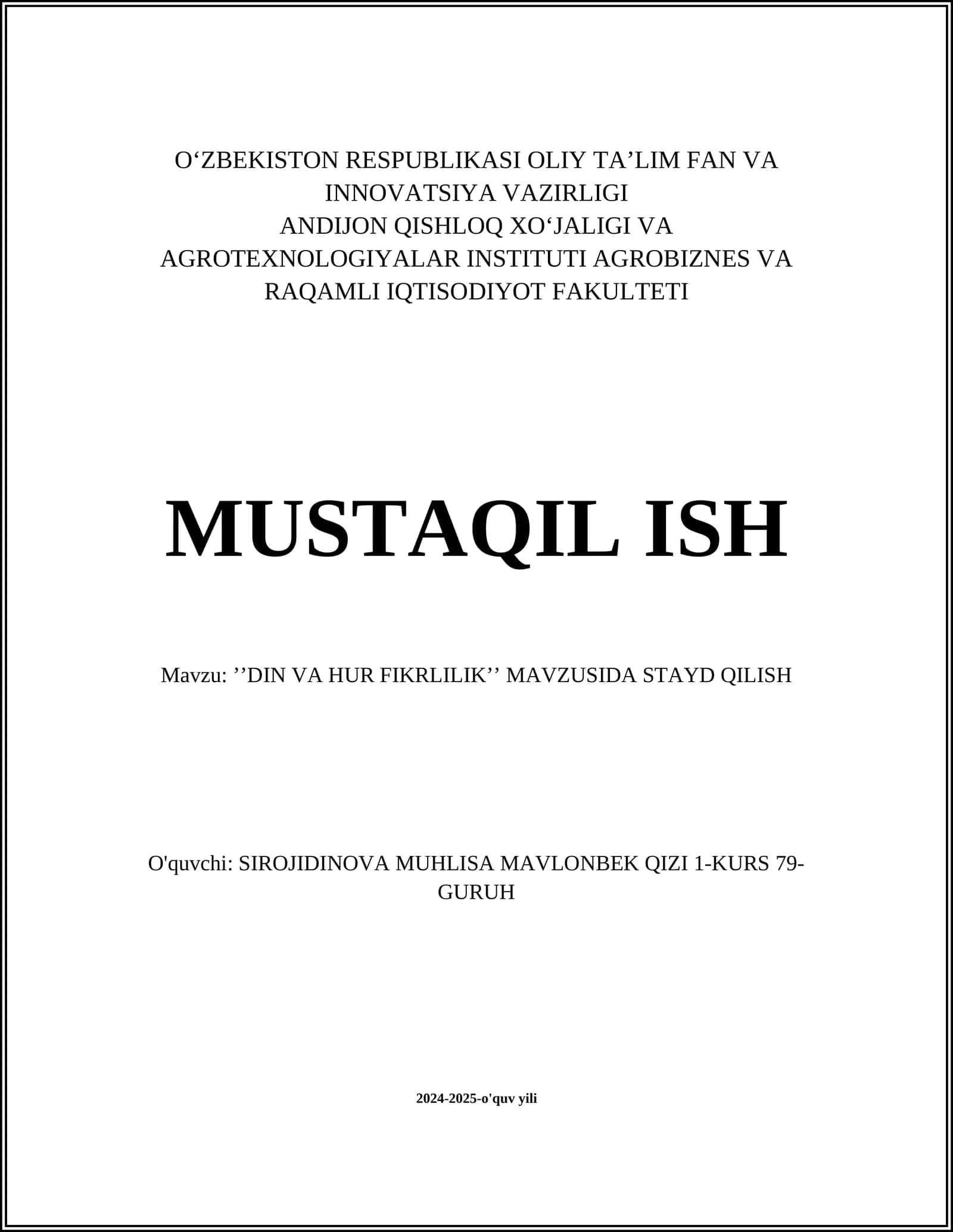ʼʼDIN VA HUR FIKRLILIKʼʼ MAVZUSIDA STAYD QILISH 1