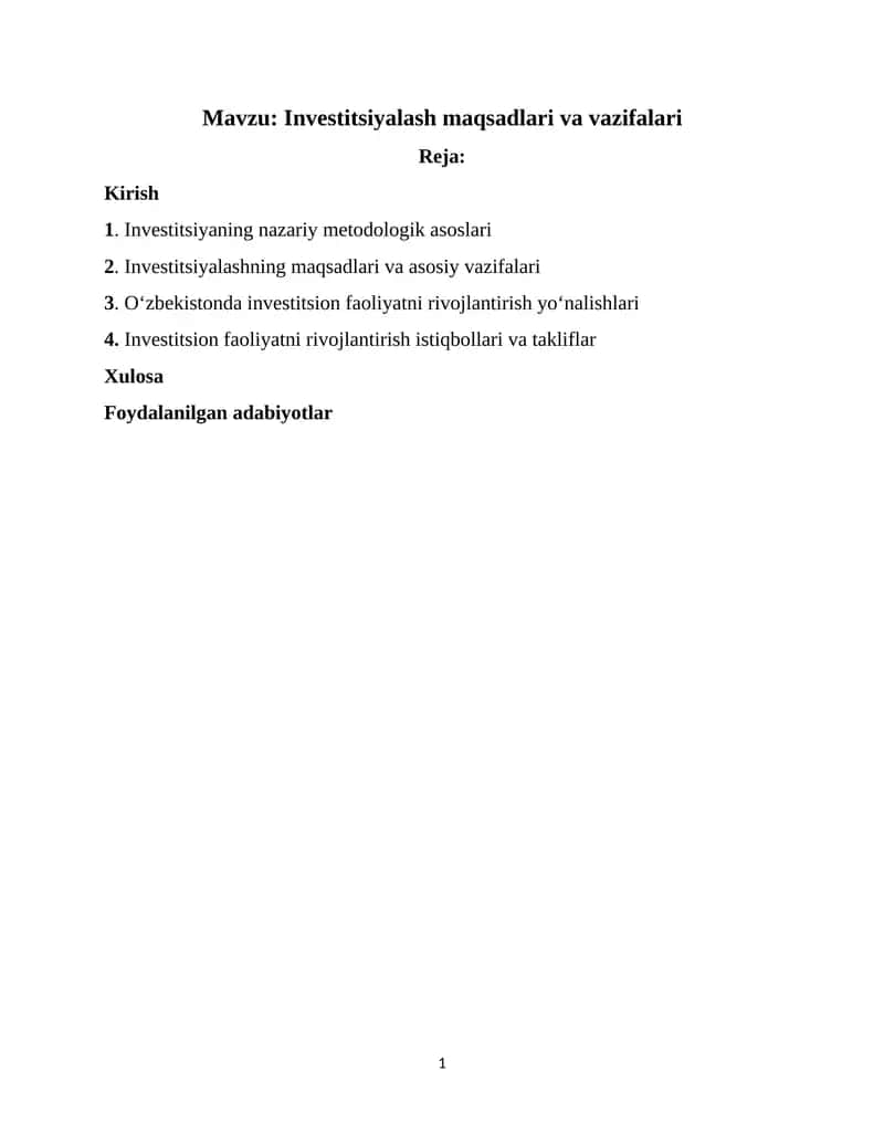 Investitsiyalash maqsadlari va vazifalari 1