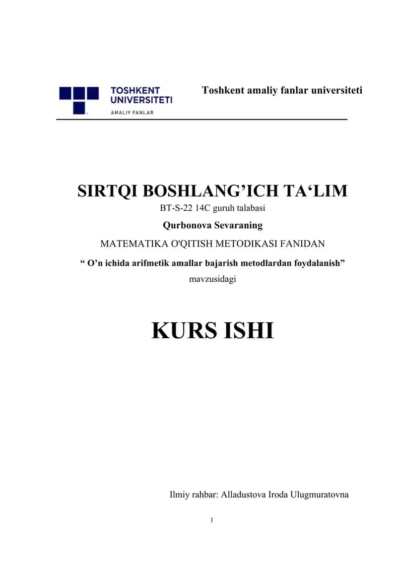 O’n ichida arifmetik amallar bajarish metodlardan foydalanish 1