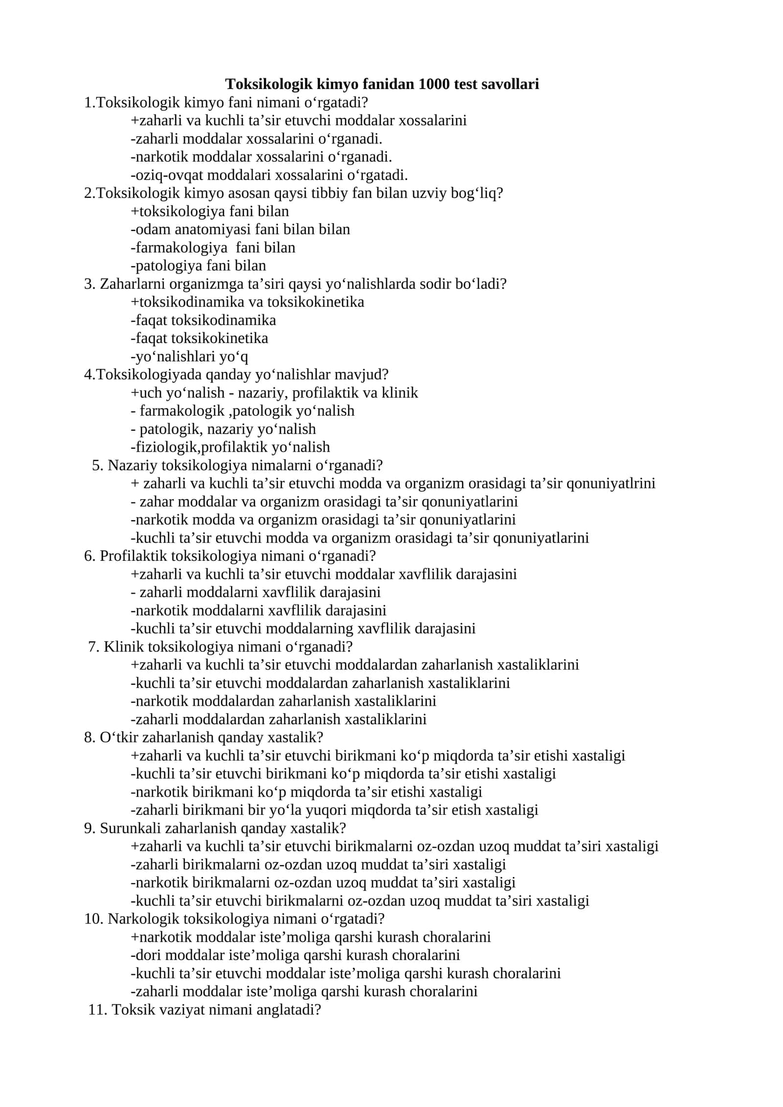 Тоksikologik kimyo fаnidаn 1000 tеst sаvоllаri 1