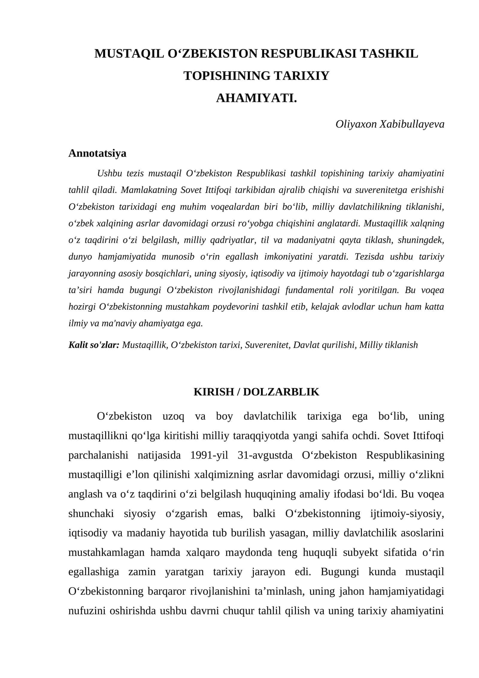 MUSTAQIL O‘ZBEKISTON RESPUBLIKASI TASHKIL TOPISHINING TARIXIY AHAMIYATI 1