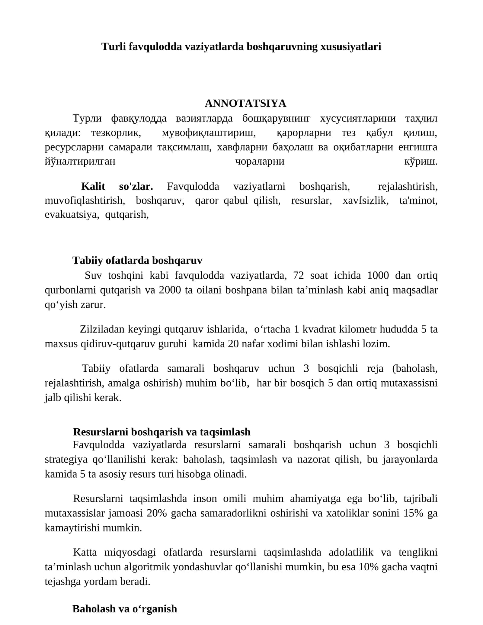 Turli favqulodda vaziyatlarda boshqaruvning xususiyatlari 1