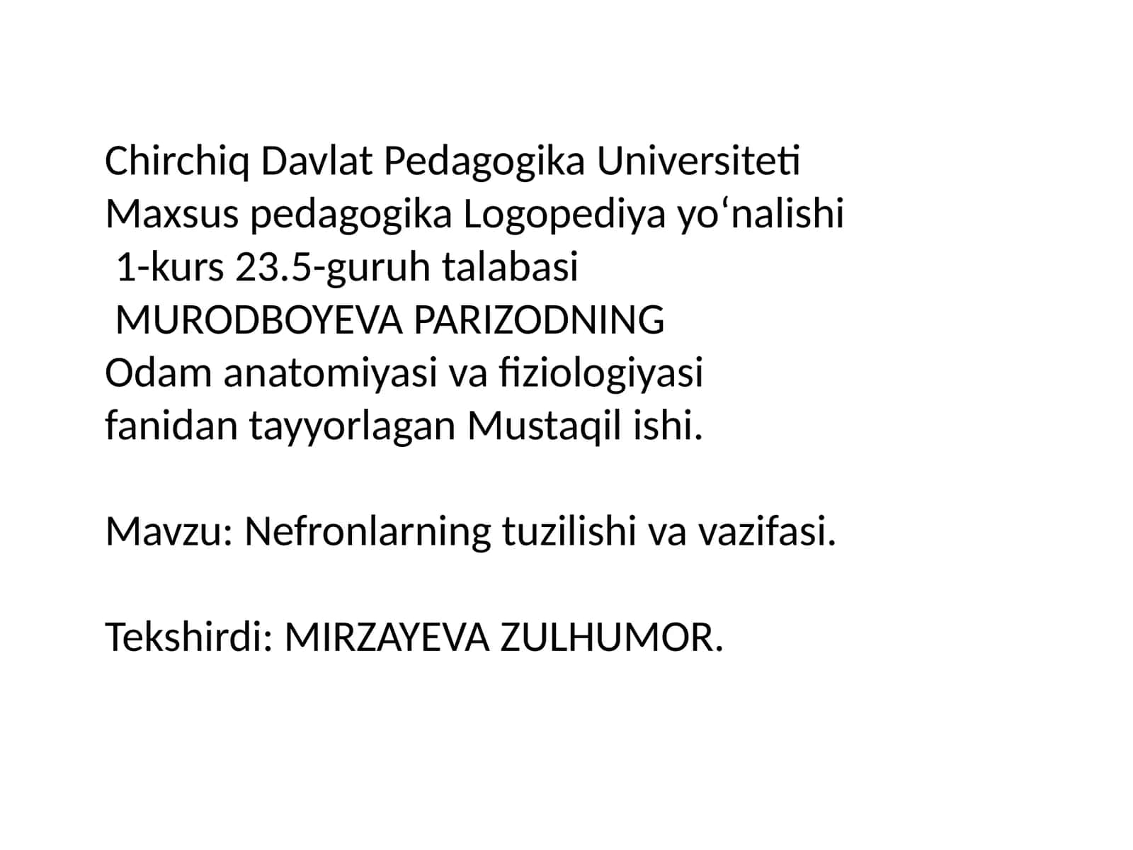 Nefronlar Tuzilishi va Vazifasi 1