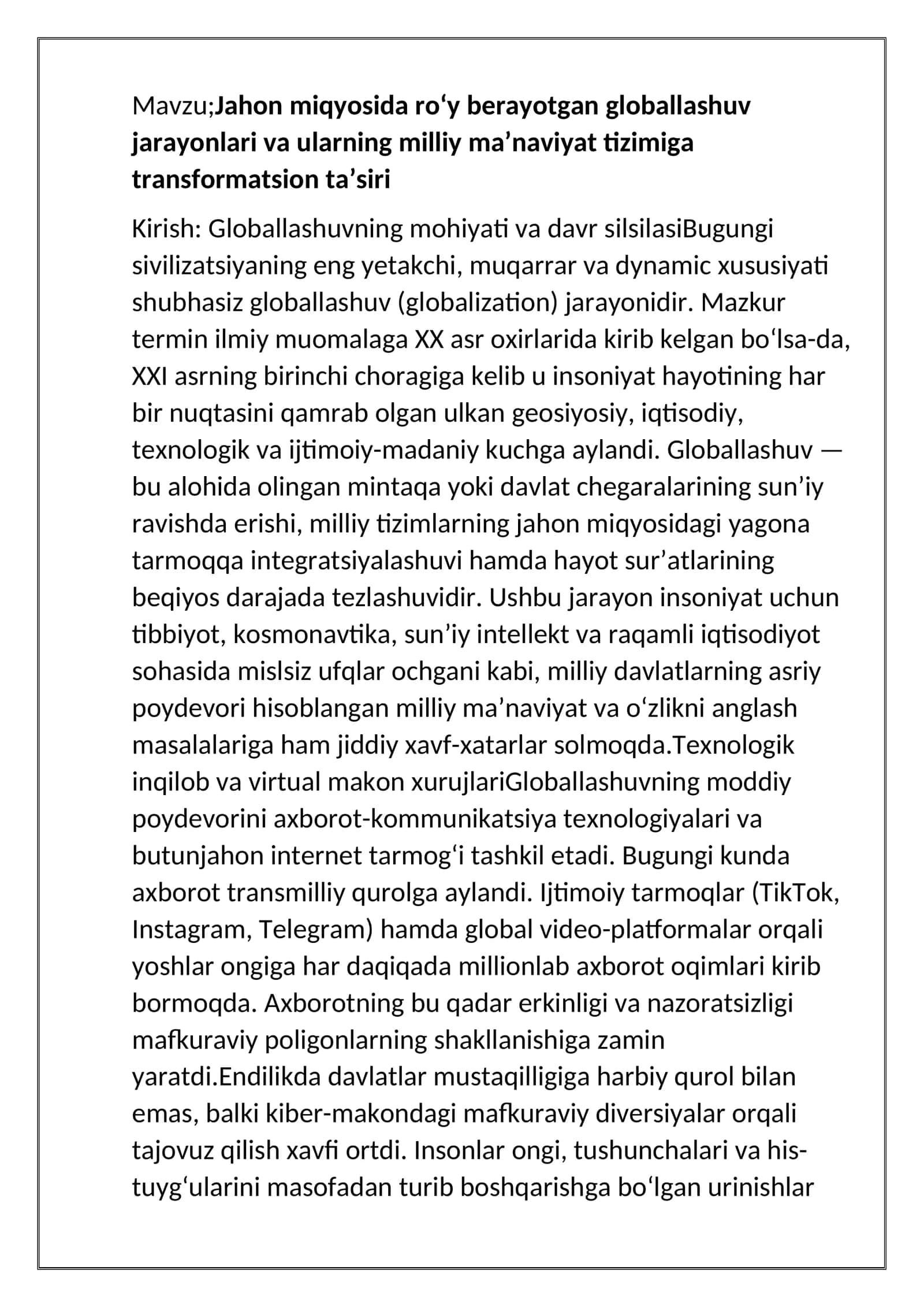 jahon miqyosda roy berayotgan gllaballashuv 1
