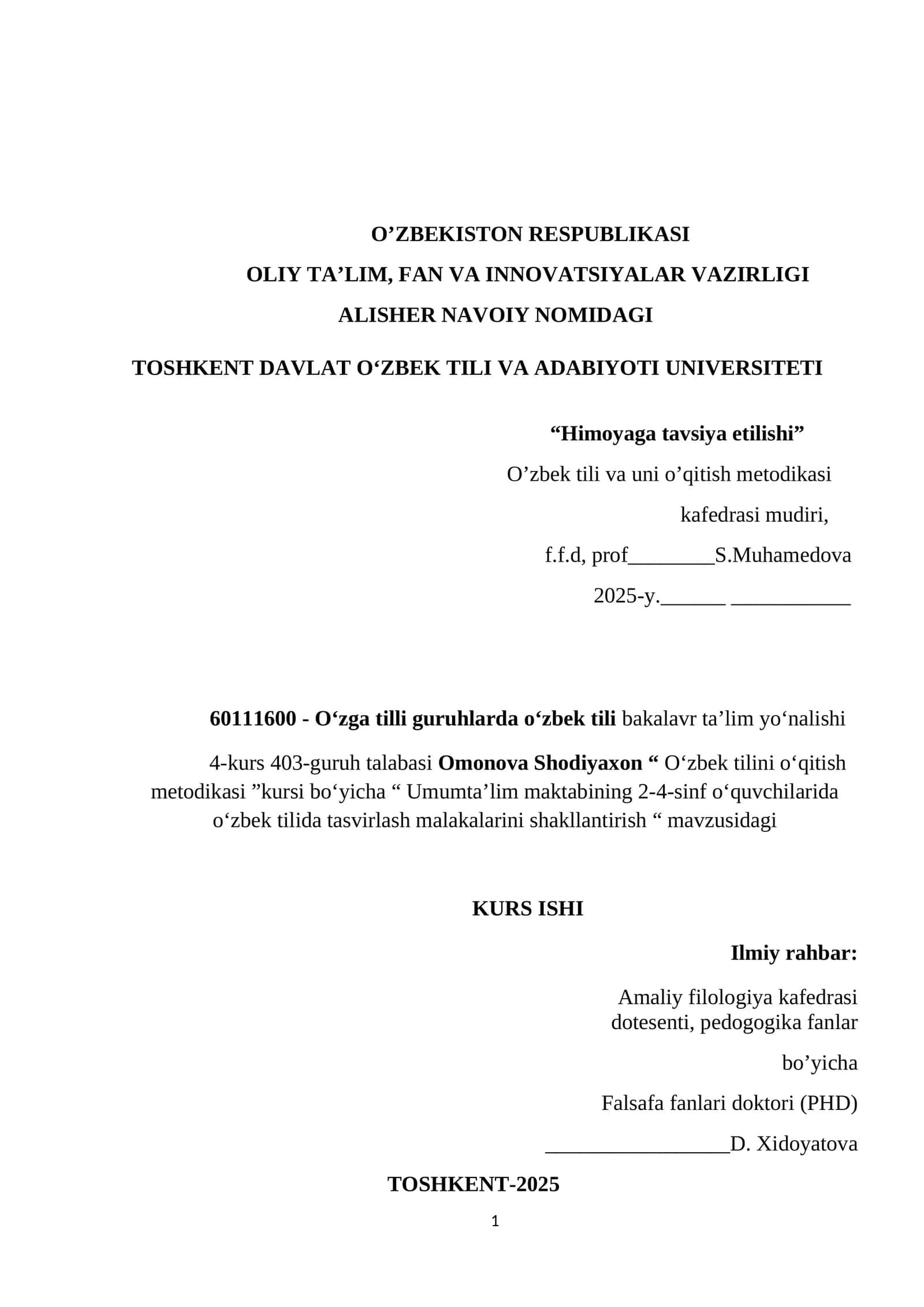 Umumta’lim maktabining 2-4-sinf o‘quvchilarida o‘zbek tilida tasvirlash malakalarini shakllantirish 1