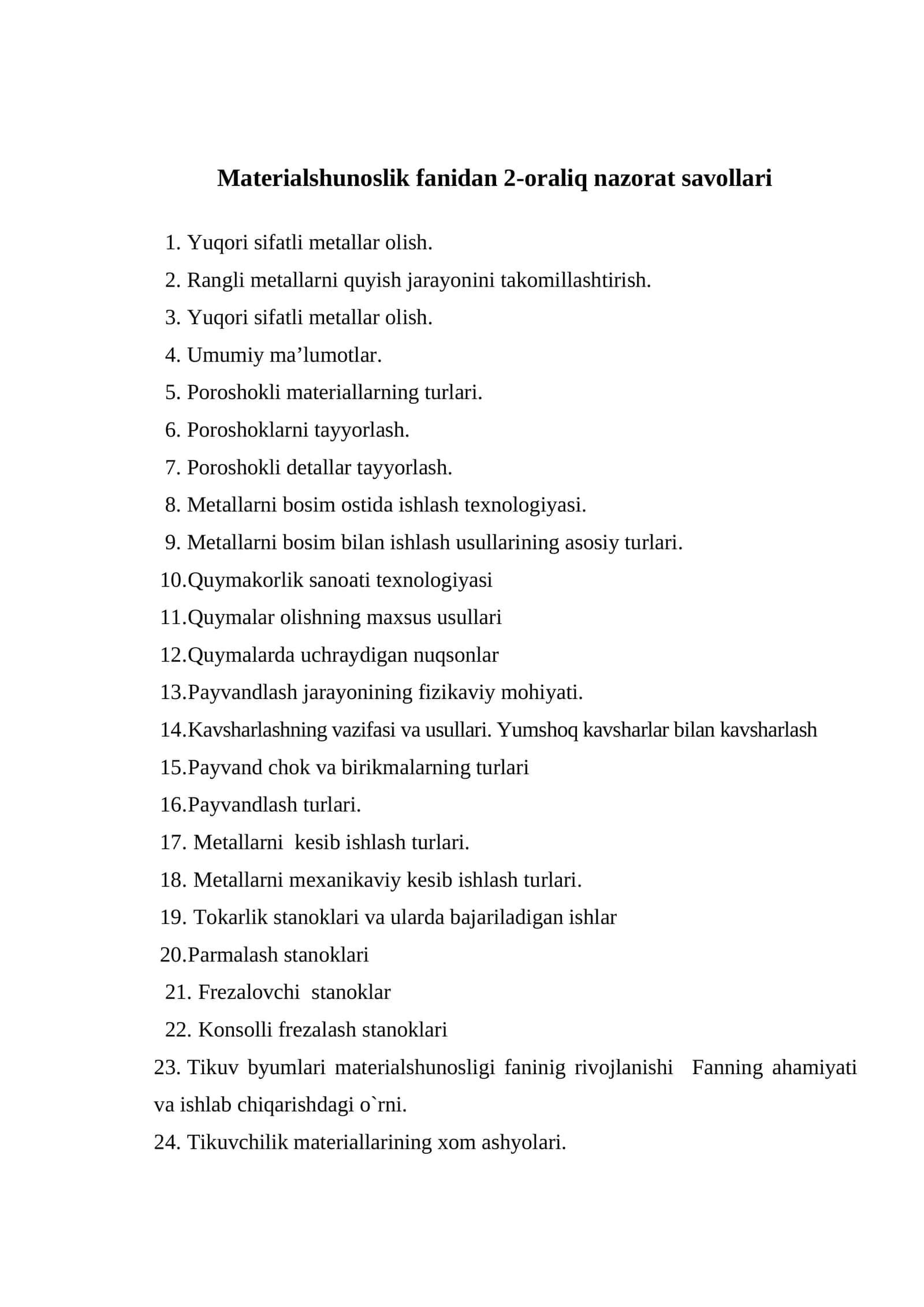 Materialshunoslik fanidan 2-oraliq nazorat savollari 1