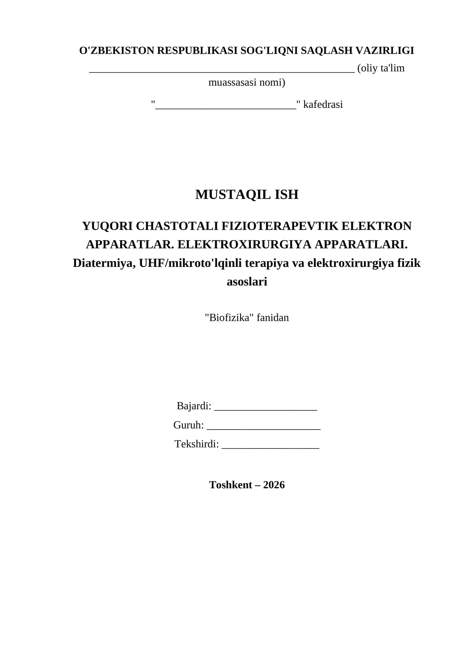 YUQORI CHASTOTALI FIZIOTERAPEVTIK ELEKTRON APPARATLAR. ELEKTROXIRURGIYA APPARATLARI 1